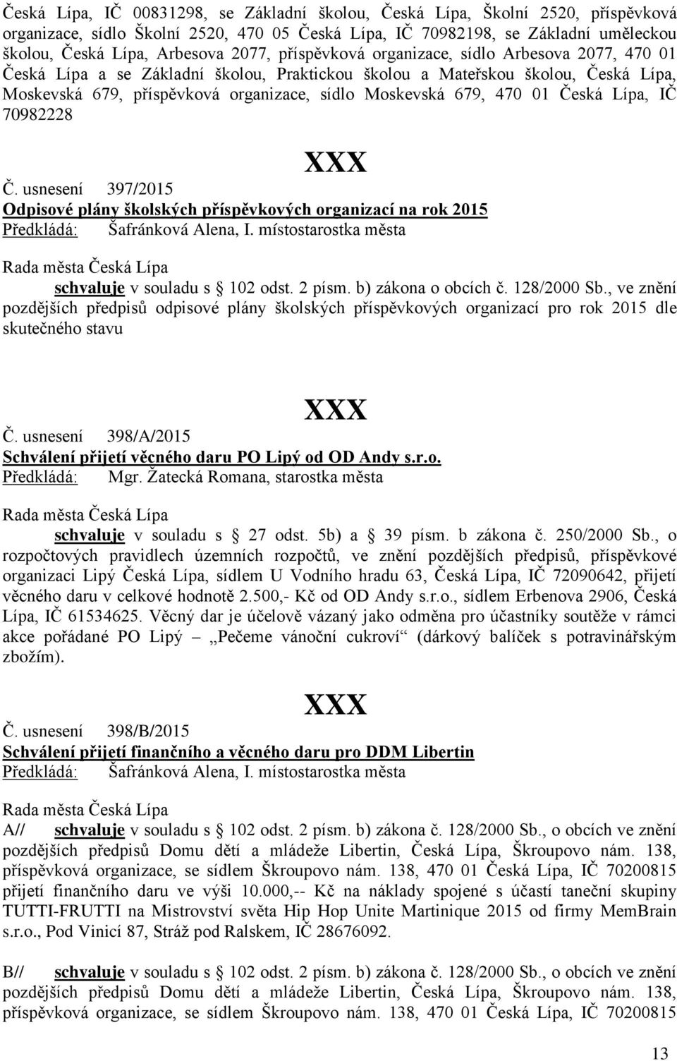 679, 470 01 Česká Lípa, IČ 70982228 Č. usnesení 397/2015 Odpisové plány školských příspěvkových organizací na rok 2015 Předkládá: Šafránková Alena, I.