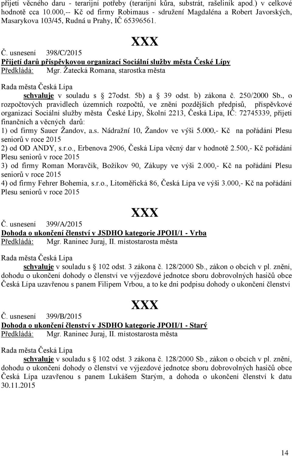 usnesení 398/C/2015 Přijetí darů příspěvkovou organizací Sociální služby města České Lípy schvaluje v souladu s 27odst. 5b) a 39 odst. b) zákona č. 250/2000 Sb.