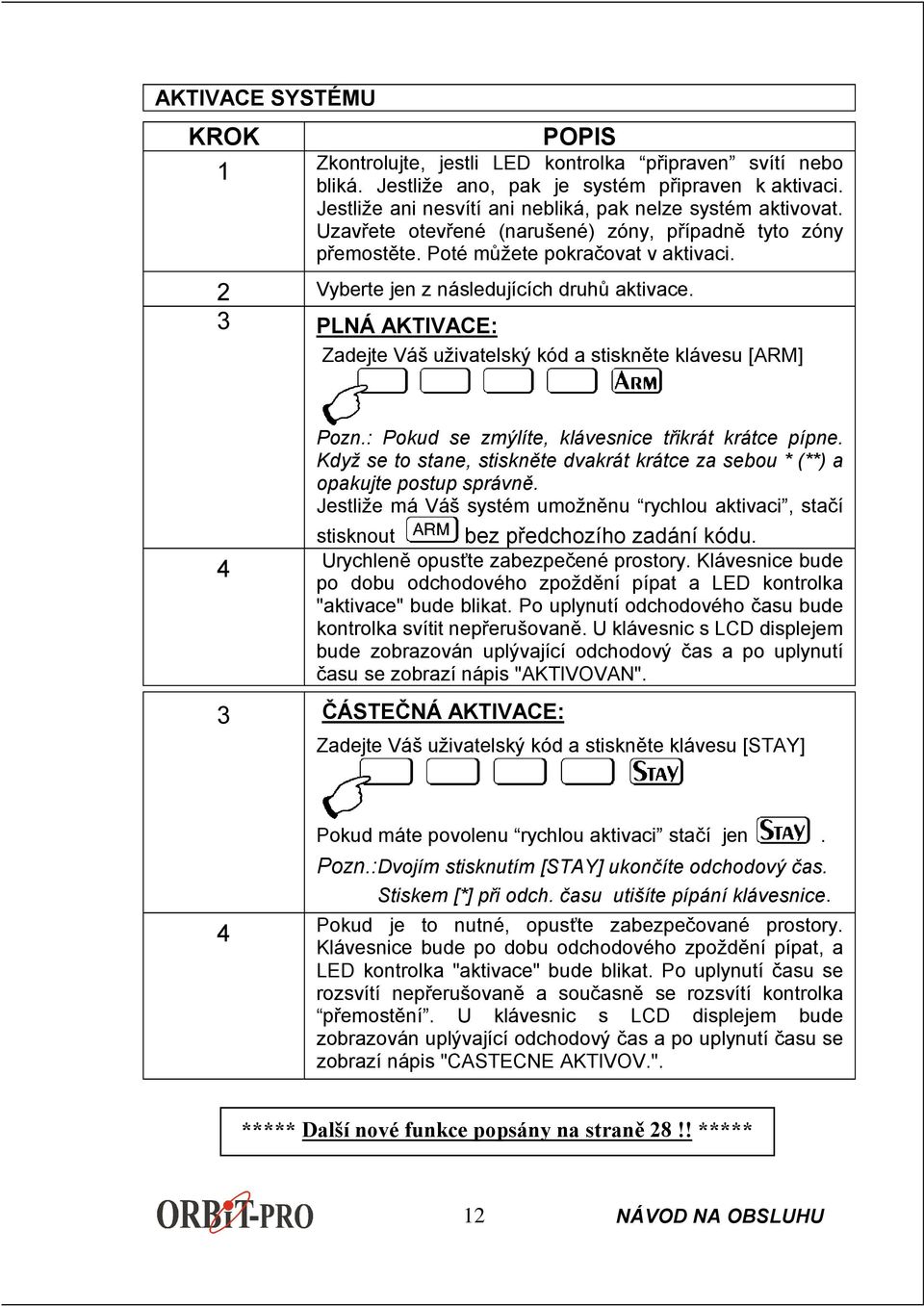 2 Vyberte jen z následujících druhů aktivace. 3 PLNÁ AKTIVACE: Zadejte Váš uživatelský kód a stiskněte klávesu [ARM] 4 Pozn.: Pokud se zmýlíte, klávesnice třikrát krátce pípne.