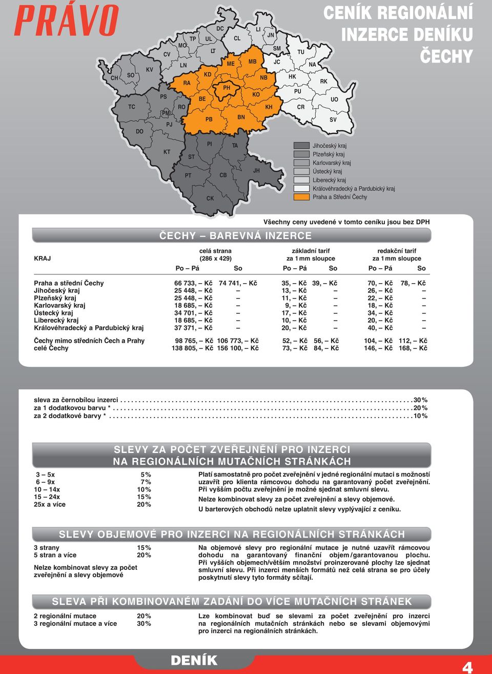 Královéhradecký a Pardubický kraj Praha a Střední Čechy ČECHY BAREVNÁ INZERCE Všechny ceny uvedené v tomto ceníku jsou bez DPH celá strana základní tarif redakční tarif KRAJ (286 x 429) za 1 mm