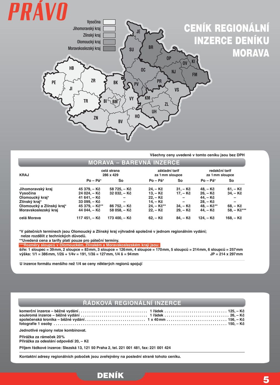 Zlínský kraj* 33 099, Kč 14, Kč 28, Kč Olomoucký a Zlínský kraj* 45 379, Kč** 86 752, Kč 24, Kč** 34, Kč 48, Kč** 68, Kč Moravskoslezský kraj 44 044, Kč 58 058, Kč 22, Kč 29, Kč 44, Kč 58, Kč*** celá