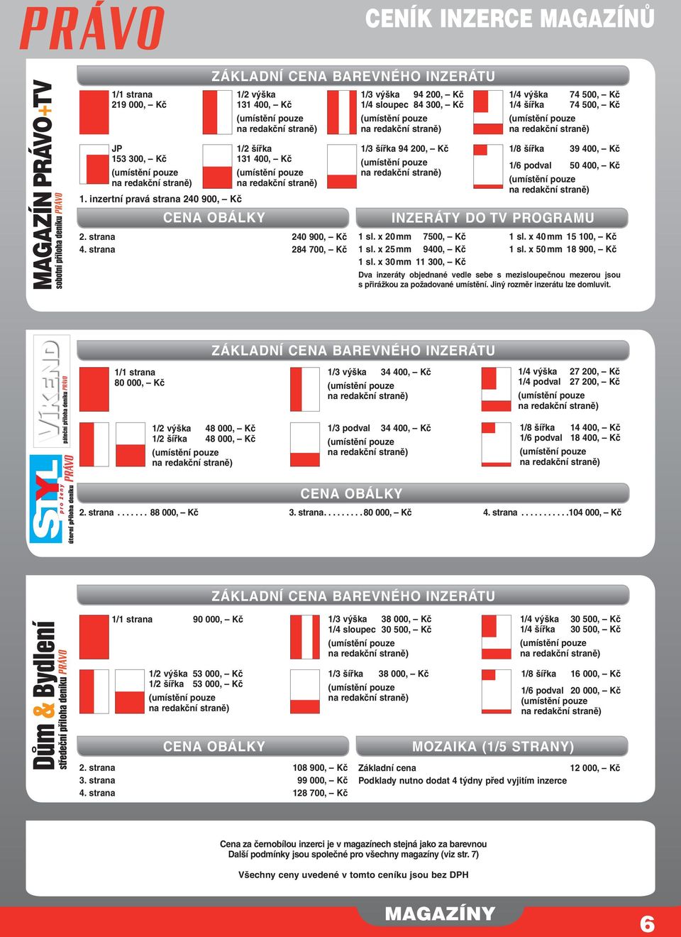 x 30 mm 11 300, Kč 1/8 šířka 39 400, Kč 1/6 podval 50 400, Kč INZERÁTY DO TV PROGRAMU 1 sl. x 40 mm 15 100, Kč 1 sl.