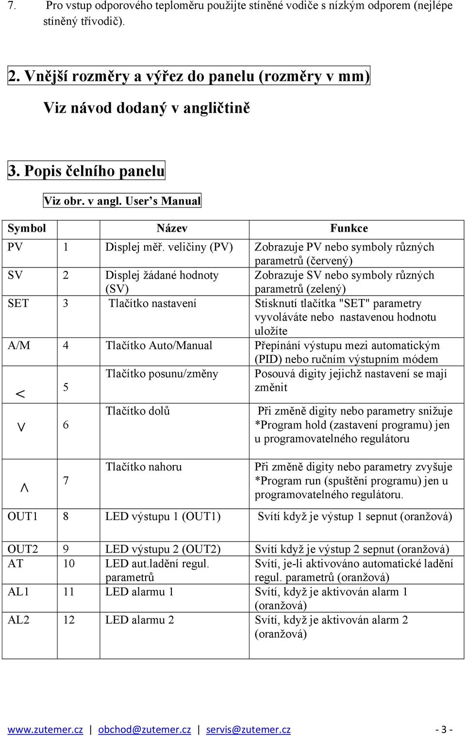 veličiny (PV) Zobrazuje PV nebo symboly různých SV 2 parametrů (červený) Displej žádané hodnoty Zobrazuje SV nebo symboly různých SET 3 (SV) parametrů (zelený) Tlačítko nastavení Stisknutí tlačítka