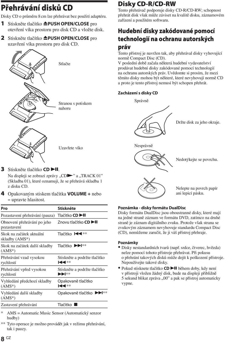 Stlačte Stranou s potiskem nahoru Disky CD-R/CD-RW Tento přehrávač podporuje disky CD-R/CD-RW; schopnost přehrát disk však může záviset na kvalitě disku, záznamovém zařízení a použitém softwaru.