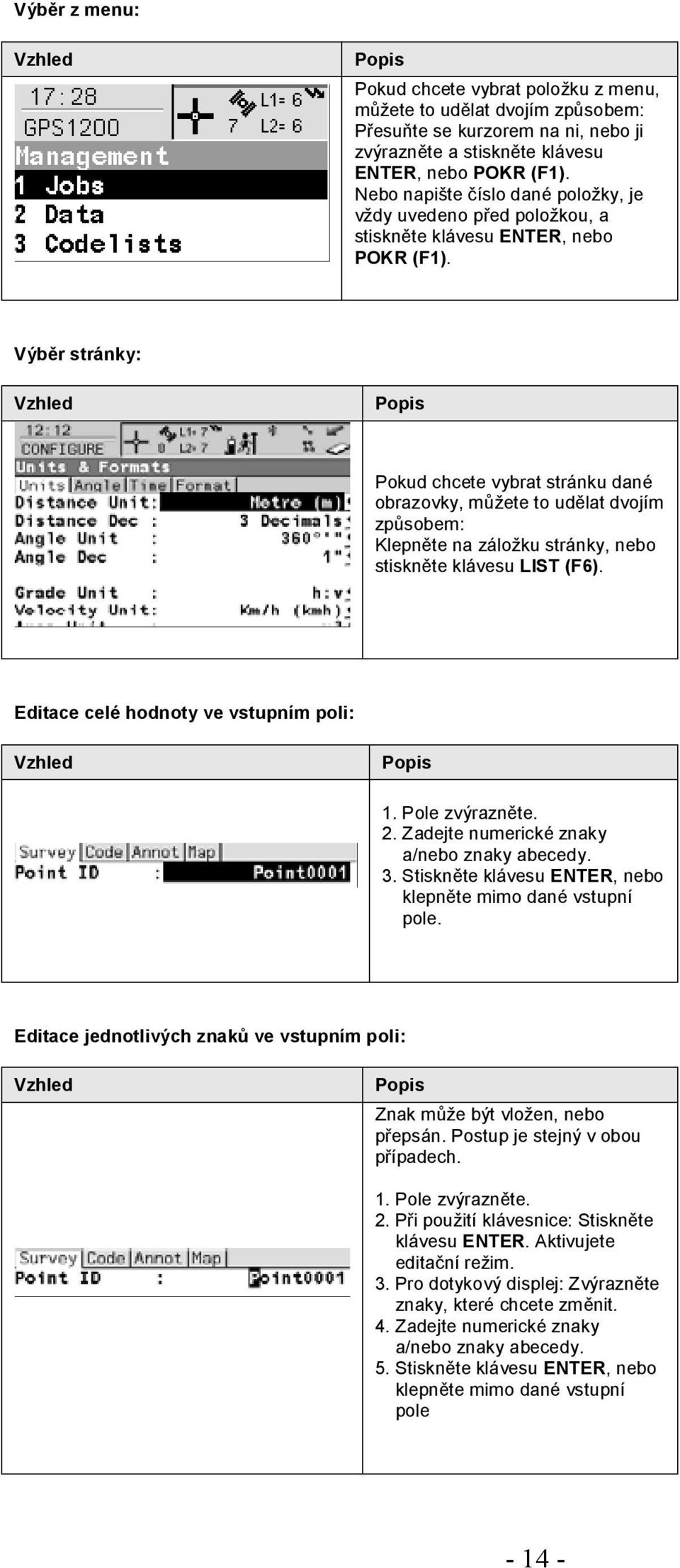 Výběr stránky: Vzhled Pokud chcete vybrat stránku dané obrazovky, můžete to udělat dvojím způsobem: Klepněte na záložku stránky, nebo stiskněte klávesu LIST (F6).