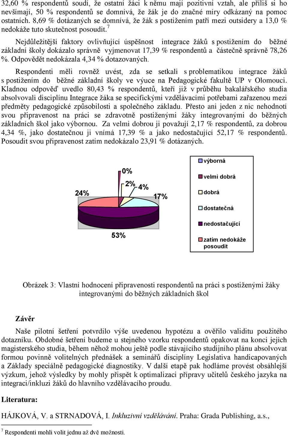 7 Nejdůleţitější faktory ovlivňující úspěšnost integrace ţáků s postiţením do běţné základní školy dokázalo správně vyjmenovat 17,39 % respondentů a částečně správně 78,26 %.