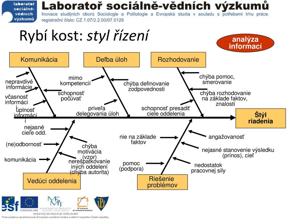 oddeí (chýba autorita) chýba definovanie zodpovednosti nie na základe faktov pomoc (podpora) schopnosť presadiť ciele oddeia Riešenie problémov chýba