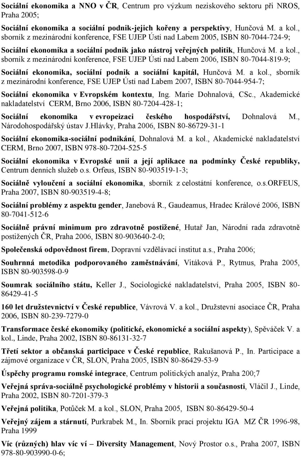 , sborník z mezinárodní konference, FSE UJEP Ústí nad Labem 2006, ISBN 80-7044-819-9; Sociální ekonomika, sociální podnik a sociální kapitál, Hunčová M. a kol.