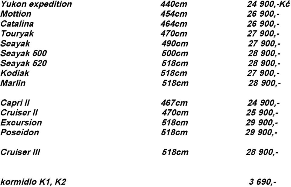 Kodiak 518cm 27 900,- Marlin 518cm 28 900,- Capri II 467cm 24 900,- Cruiser II 470cm 25