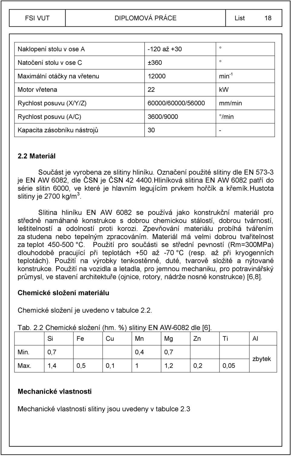 Označení pouţité slitiny dle EN 573-3 je EN AW 6082, dle ČSN je ČSN 42 4400.Hliníková slitina EN AW 6082 patří do série slitin 6000, ve které je hlavním legujícím prvkem hořčík a křemík.