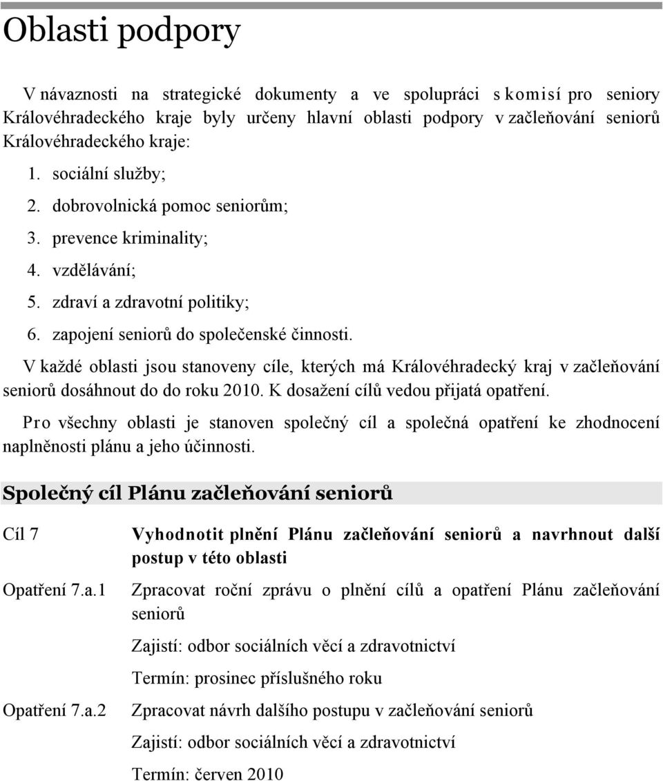 V každé oblasti jsou stanoveny cíle, kterých má Královéhradecký kraj v začleňování seniorů dosáhnout do do roku 2010. K dosažení cílů vedou přijatá opatření.