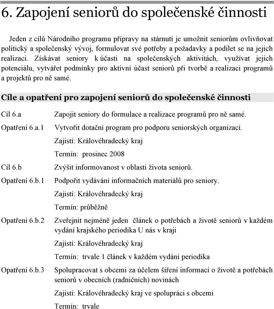 Získávat seniory k účasti na společenských aktivitách, využívat jejich potenciálu, vytvářet podmínky pro aktivní účast seniorů při tvorbě a realizaci programů a projektů pro ně samé.