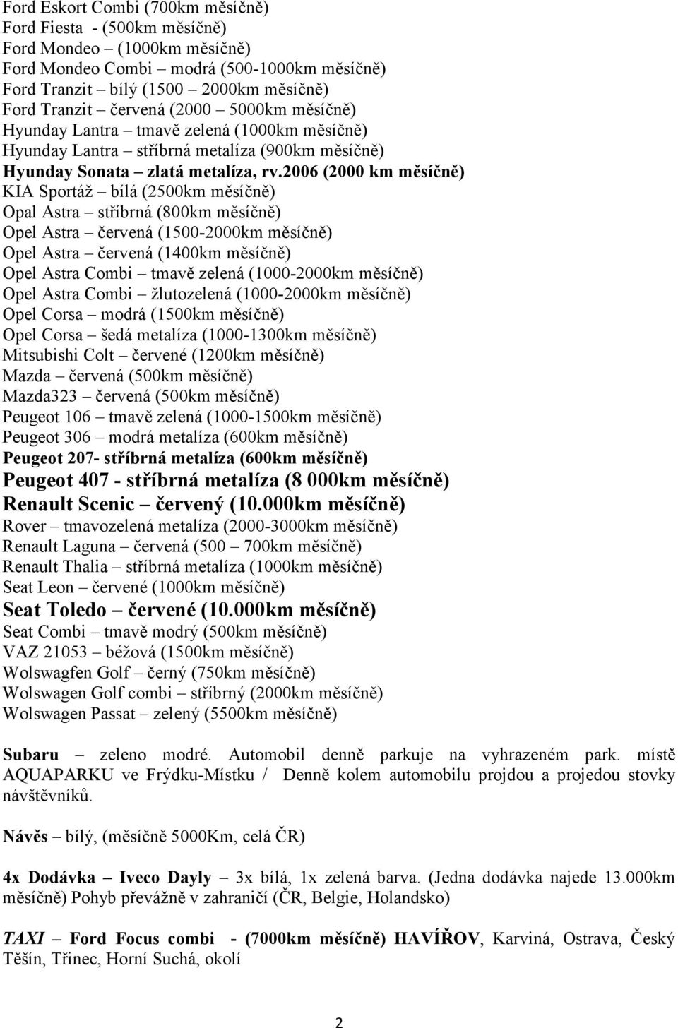 2006 (2000 km měsíčně) KIA Sportáž bílá (2500km měsíčně) Opal Astra stříbrná (800km měsíčně) Opel Astra červená (1500-2000km měsíčně) Opel Astra červená (1400km měsíčně) Opel Astra Combi tmavě zelená