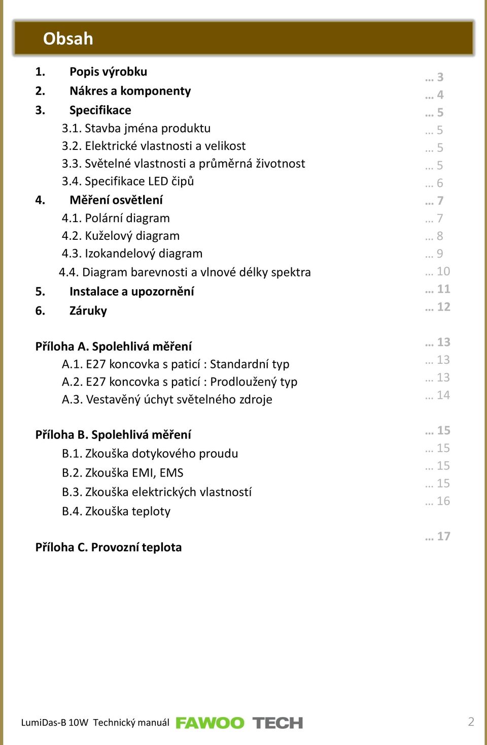 Záruky Příloha A. Spolehlivá měření A.1. E27 koncovka s paticí : Standardní typ A.2. E27 koncovka s paticí : Prodloužený typ A.3. Vestavěný úchyt světelného zdroje Příloha B. Spolehlivá měření B.1. Zkouška dotykového proudu B.