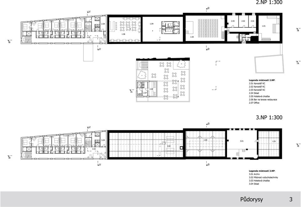 06 Bar na terase restaurace 2.07 Office 3.NP 1:300 3.04 1.03 3.01 1.01 3.03 3.02 Legenda místností 3.