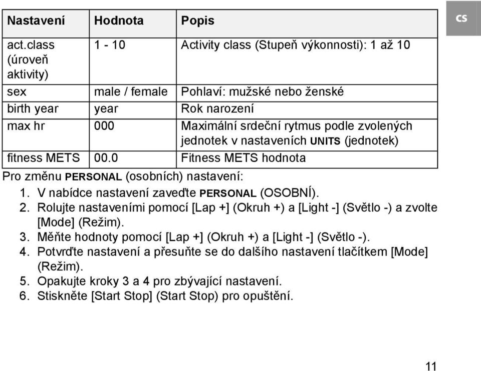 hodnota Pro změnu PERSONAL (osobních) nastavení: 1. V nabídce nastavení zaveďte PERSONAL (OSOBNÍ). 2.