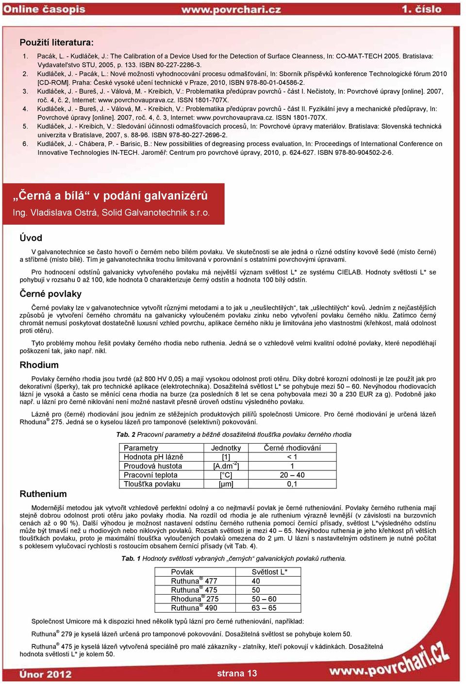 Praha: České vysoké učení technické v Praze, 2010, ISBN 978-80-01-04586-2. 3. Kudláček, J. - Bureš, J. - Válová, M. - Kreibich, V.: Problematika předúprav povrchů - část I.