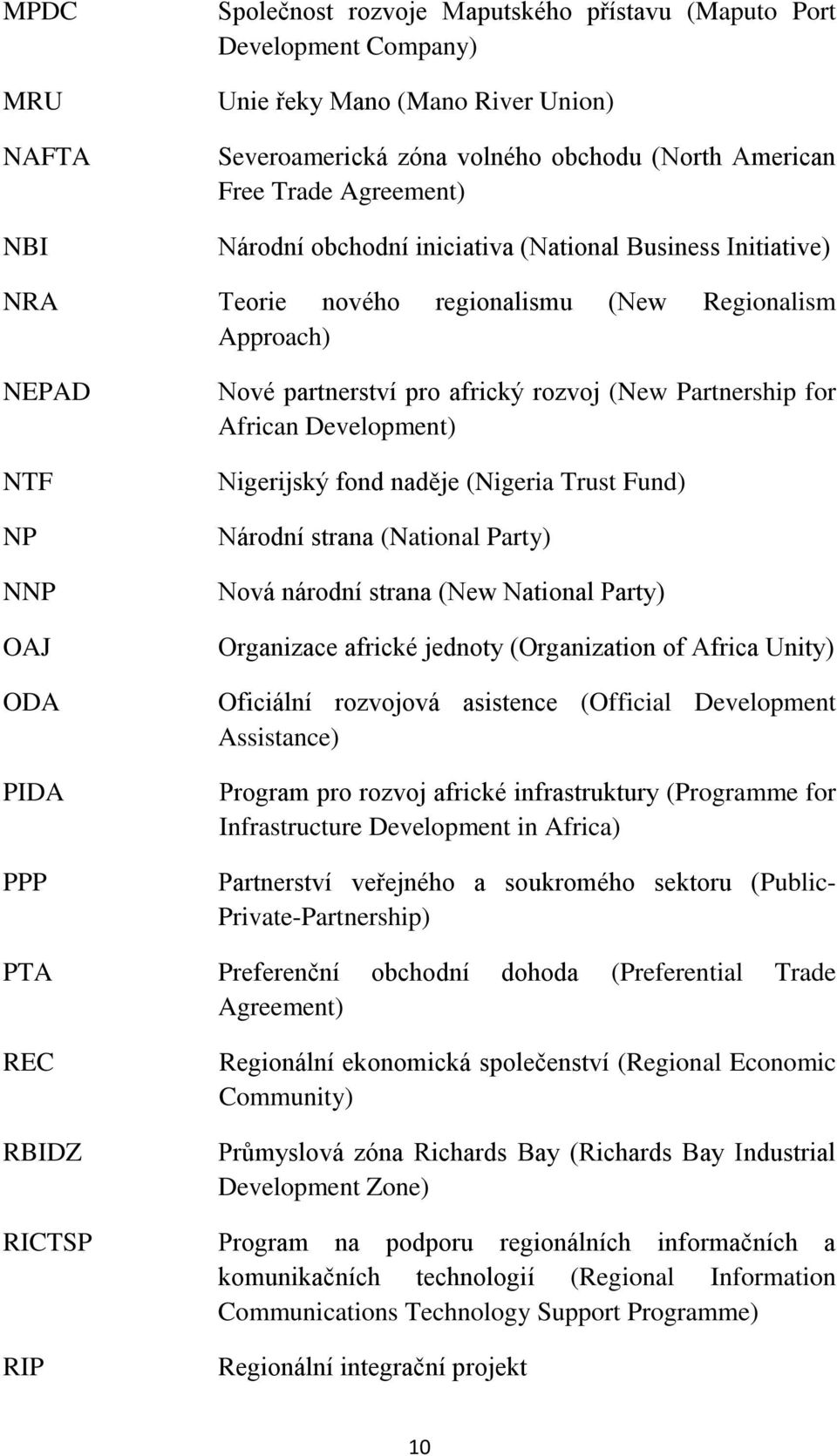 Partnership for African Development) Nigerijský fond naděje (Nigeria Trust Fund) Národní strana (National Party) Nová národní strana (New National Party) Organizace africké jednoty (Organization of