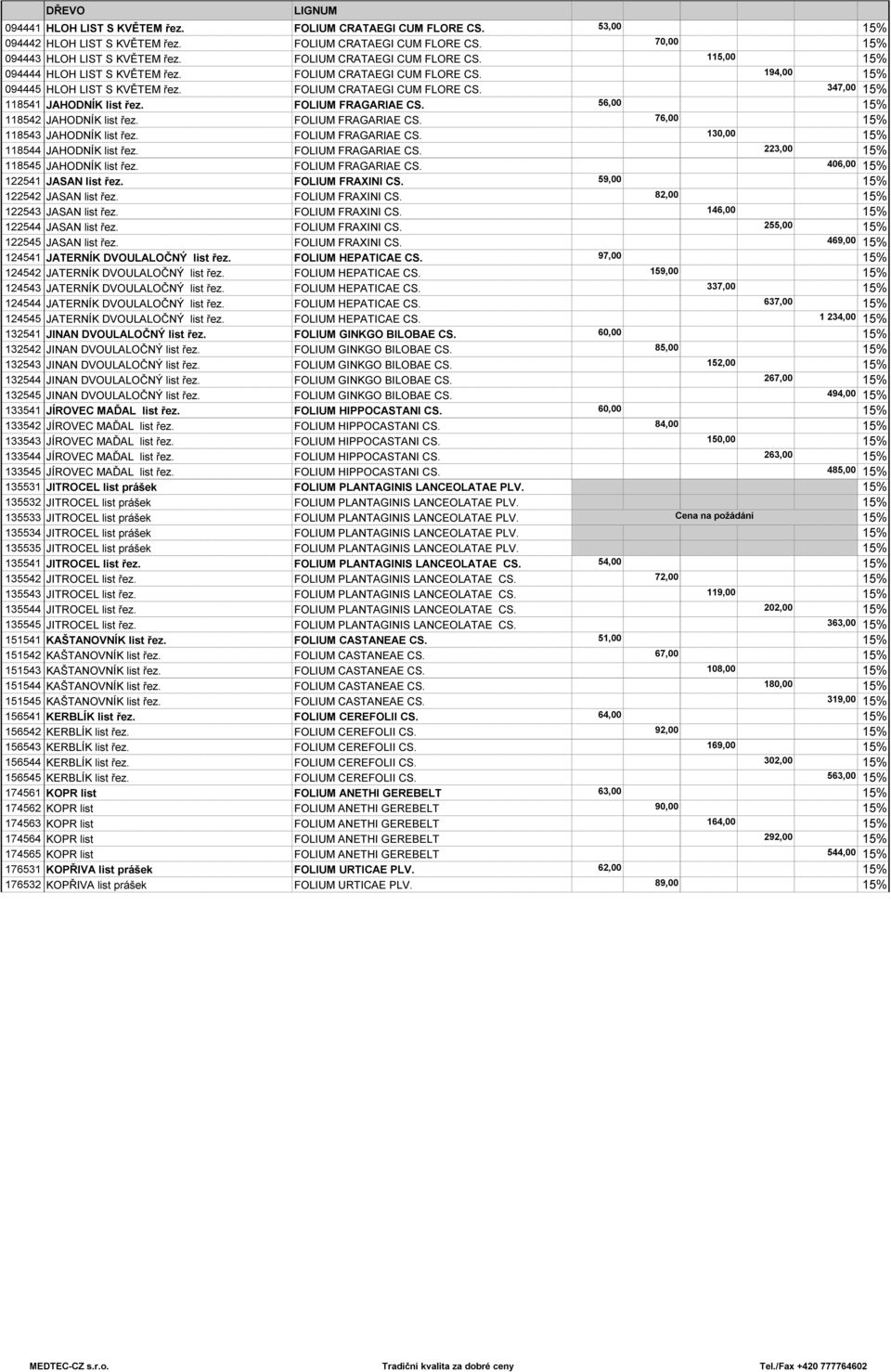 FOLIUM FRAGARIAE CS. 76,00 118543 JAHODNÍK list řez. FOLIUM FRAGARIAE CS. 130,00 118544 JAHODNÍK list řez. FOLIUM FRAGARIAE CS. 223,00 118545 JAHODNÍK list řez. FOLIUM FRAGARIAE CS. 406,00 122541 JASAN list řez.