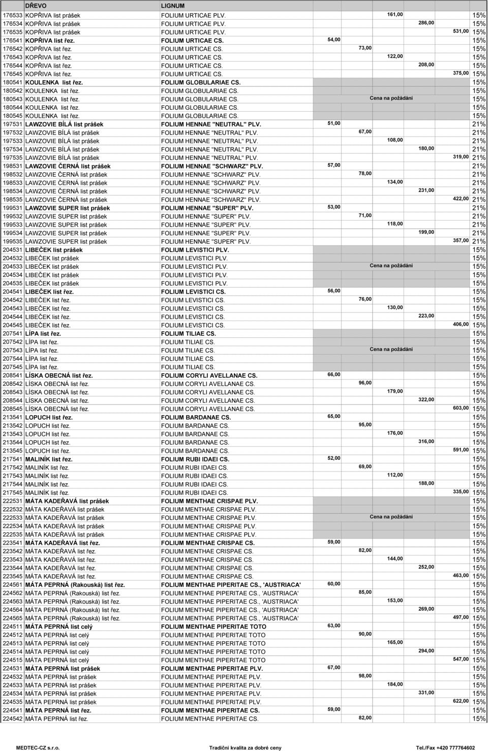 FOLIUM URTICAE CS. 375,00 180541 KOULENKA list řez. FOLIUM GLOBULARIAE CS. 180542 KOULENKA list řez. FOLIUM GLOBULARIAE CS. 180543 KOULENKA list řez. FOLIUM GLOBULARIAE CS. Cena na poţádání 180544 KOULENKA list řez.