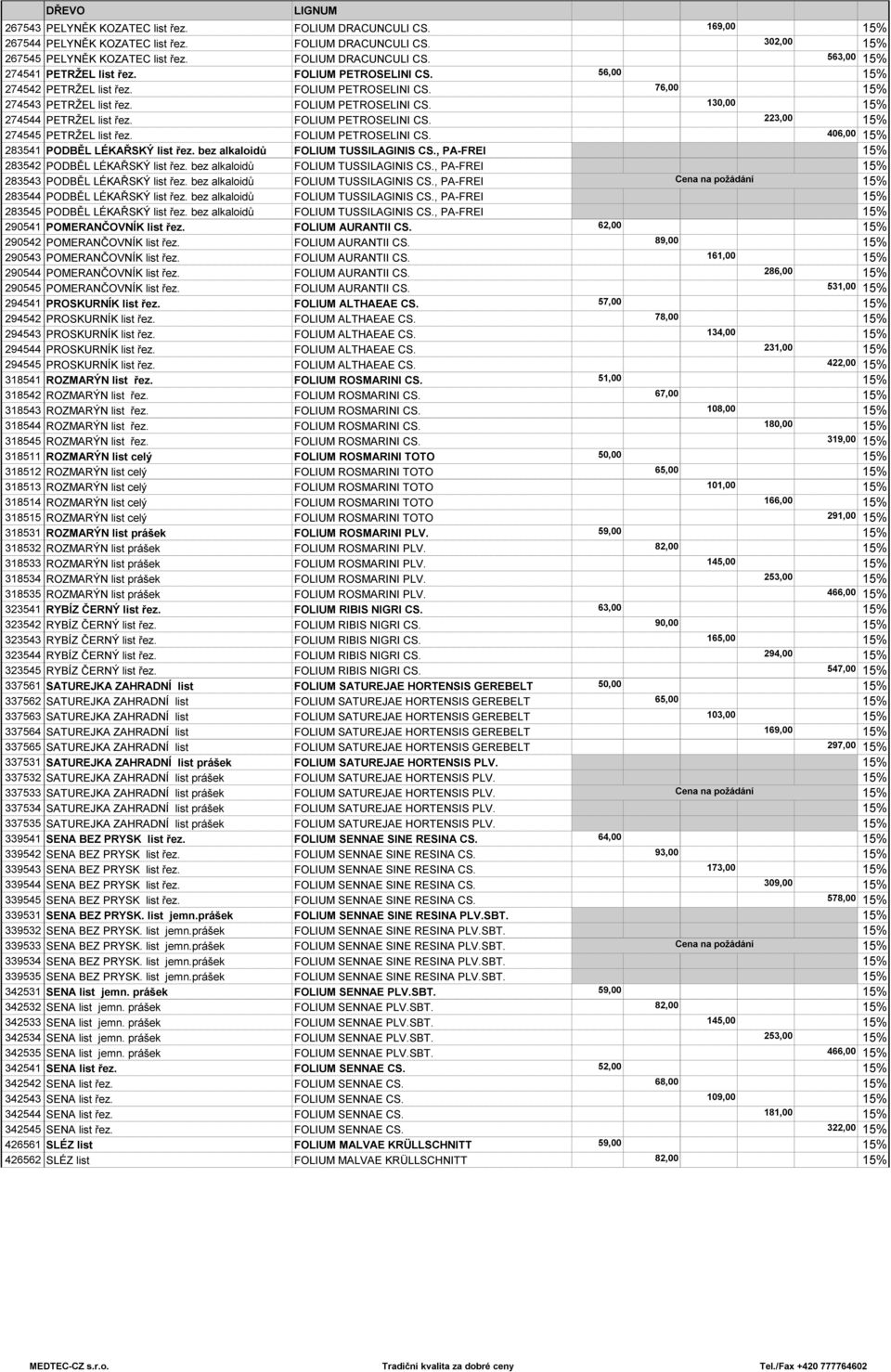 FOLIUM PETROSELINI CS. 406,00 283541 PODBĚL LÉKAŘSKÝ list řez. bez alkaloidŧ FOLIUM TUSSILAGINIS CS., PA-FREI 283542 PODBĚL LÉKAŘSKÝ list řez. bez alkaloidŧ FOLIUM TUSSILAGINIS CS., PA-FREI 283543 PODBĚL LÉKAŘSKÝ list řez.