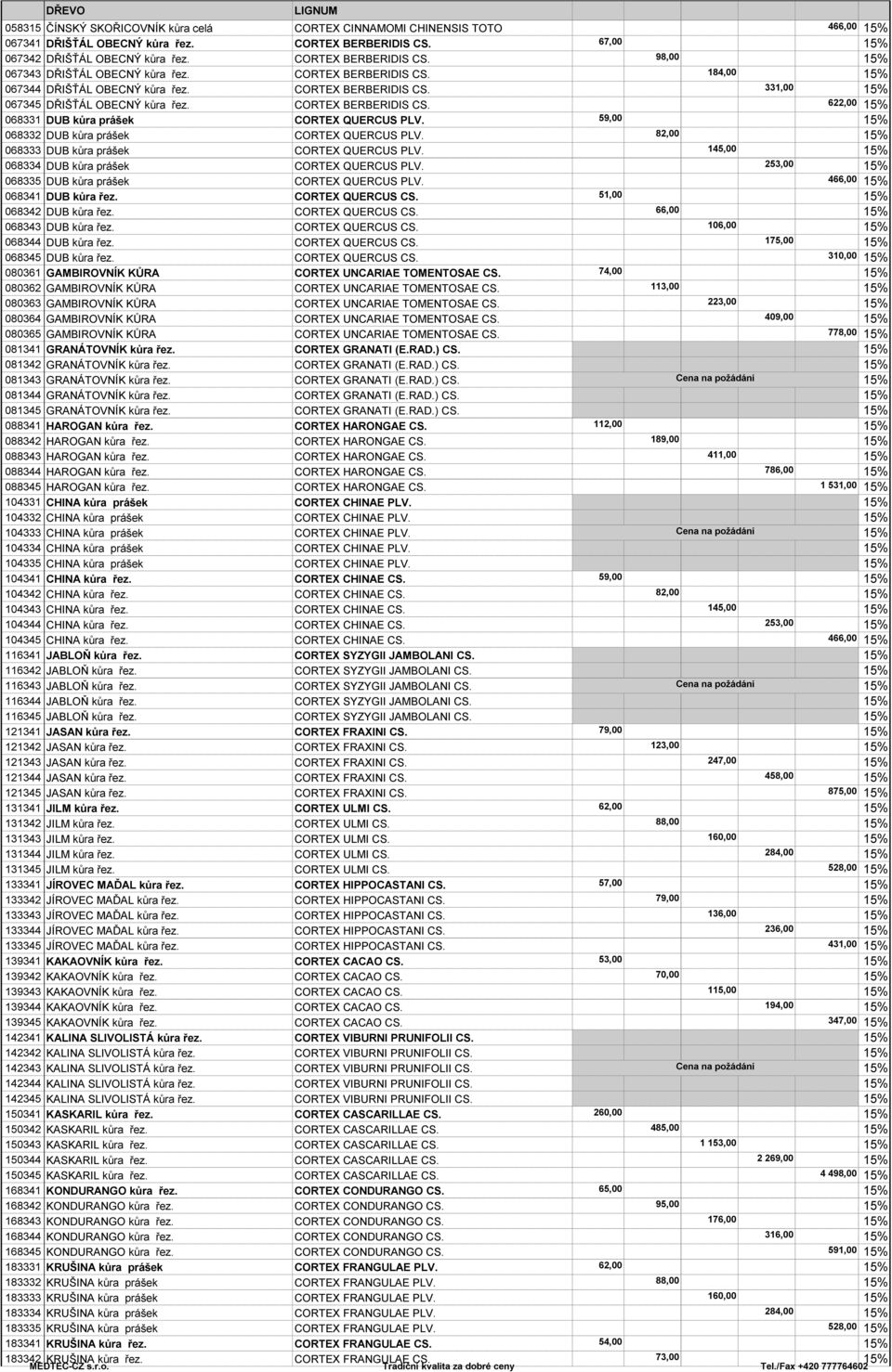 59,00 068332 DUB kŧra prášek CORTEX QUERCUS PLV. 82,00 068333 DUB kŧra prášek CORTEX QUERCUS PLV. 145,00 068334 DUB kŧra prášek CORTEX QUERCUS PLV. 253,00 068335 DUB kŧra prášek CORTEX QUERCUS PLV.