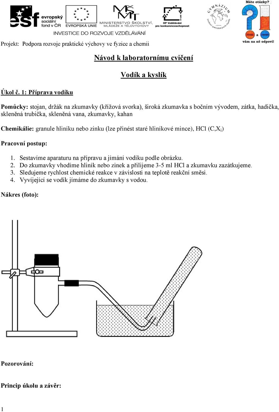 zátka, hadička, skleněná trubička, skleněná vana, zkumavky, kahan Chemikálie: granule hliníku nebo zinku (lze přinést staré hliníkové mince), HCl (C,X i )