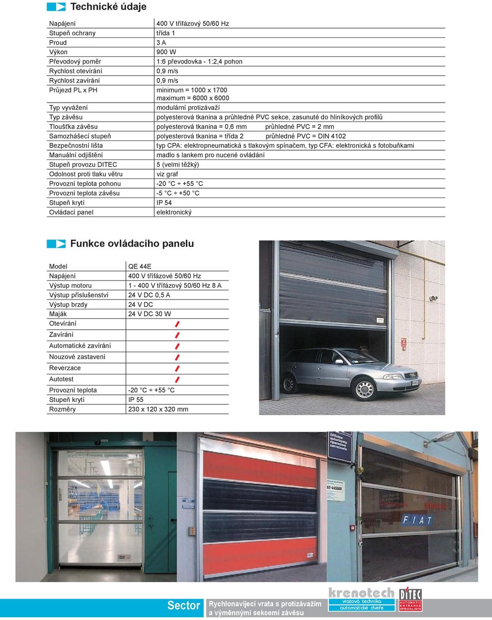 polyesterová tkanina = 0,6 mm průhledné PVC = 2 mm Samozhášecí stupeň polyesterová tkanina = třída 2 průhledné PVC = DIN 4102 Bezpečnostní lišta typ CPA: elektropneumatická s tlakovým spínačem, typ