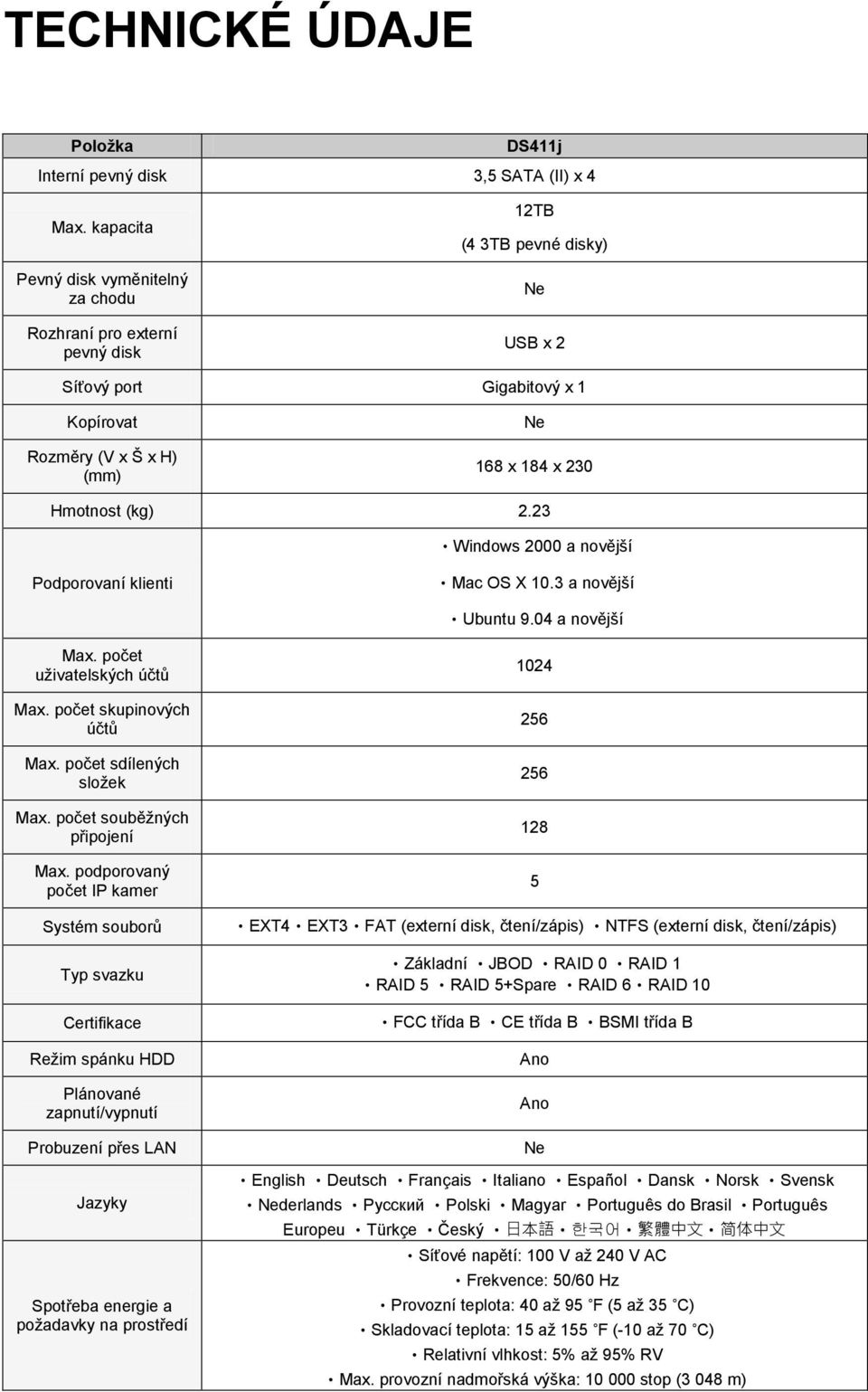 (kg) 2.23 Windows 2000 a novější Podporovaní klienti Mac OS X 10.3 a novější Ubuntu 9.04 a novější Max. počet uživatelských účtů Max. počet skupinových účtů Max. počet sdílených složek Max.