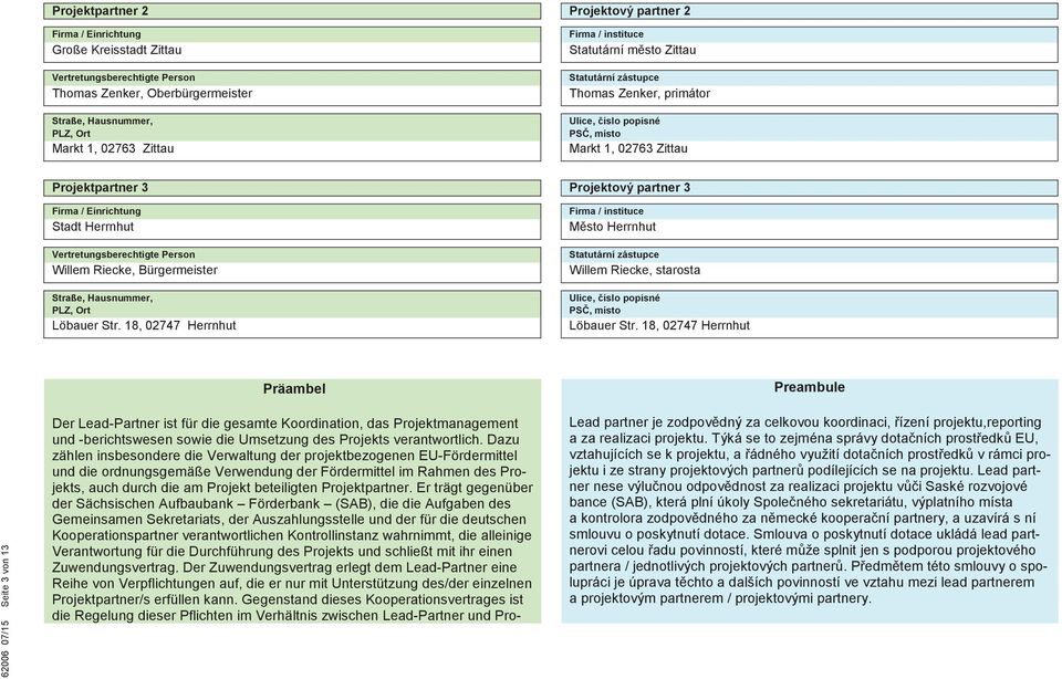 Einrichtung Firma / instituce Stadt Herrnhut Msto Herrnhut Vertretungsberechtigte Person Statutární zástupce Willem Riecke, Bürgermeister Willem Riecke, starosta Straße, Hausnummer, PLZ, Ort Ulice,