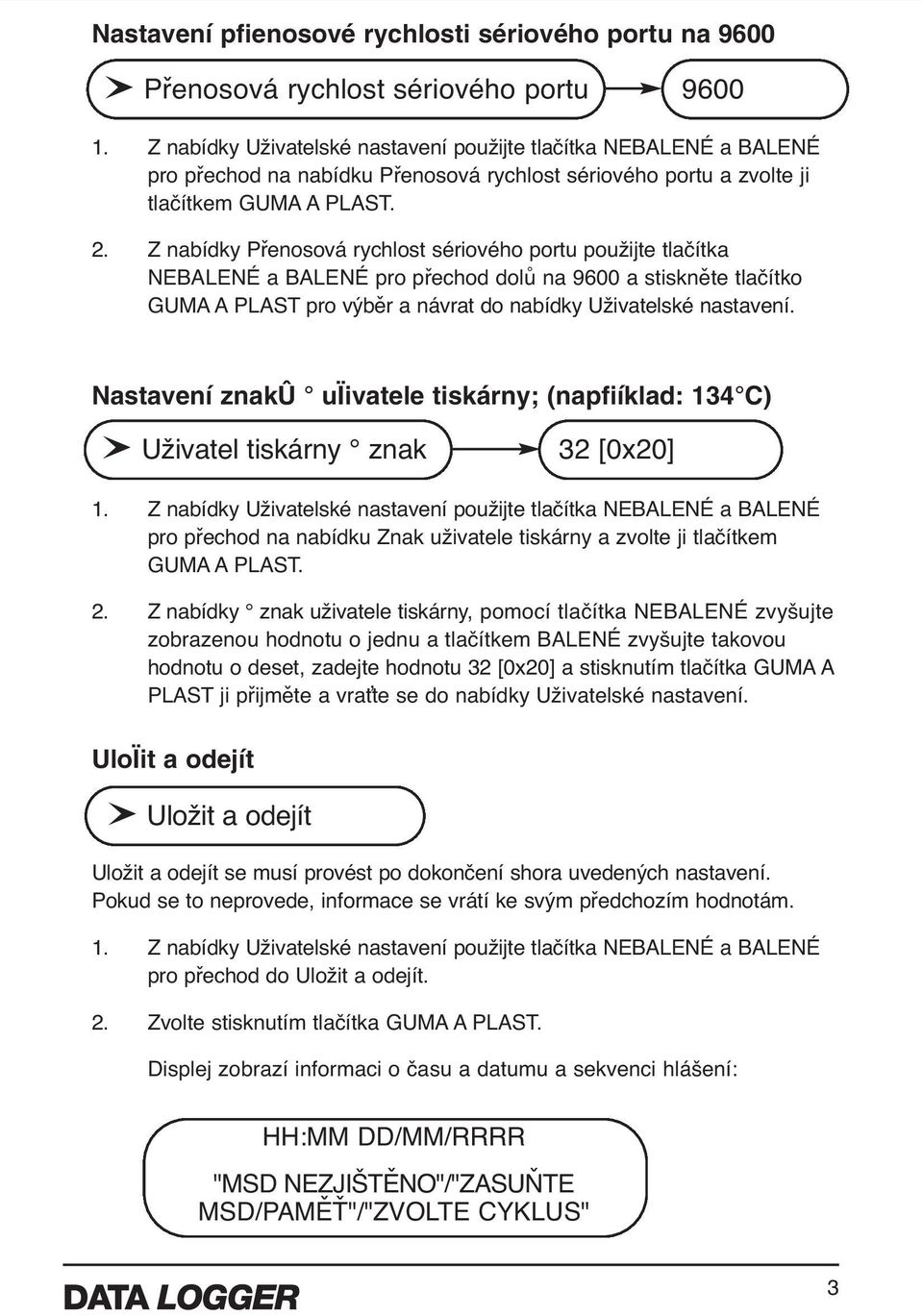 Z nabídky Přenosová rychlost sériového portu použijte tlačítka NEBALENÉ a BALENÉ pro přechod dolů na 9600 a stiskněte tlačítko GUMA A PLAST pro výběr a návrat do nabídky Uživatelské nastavení.