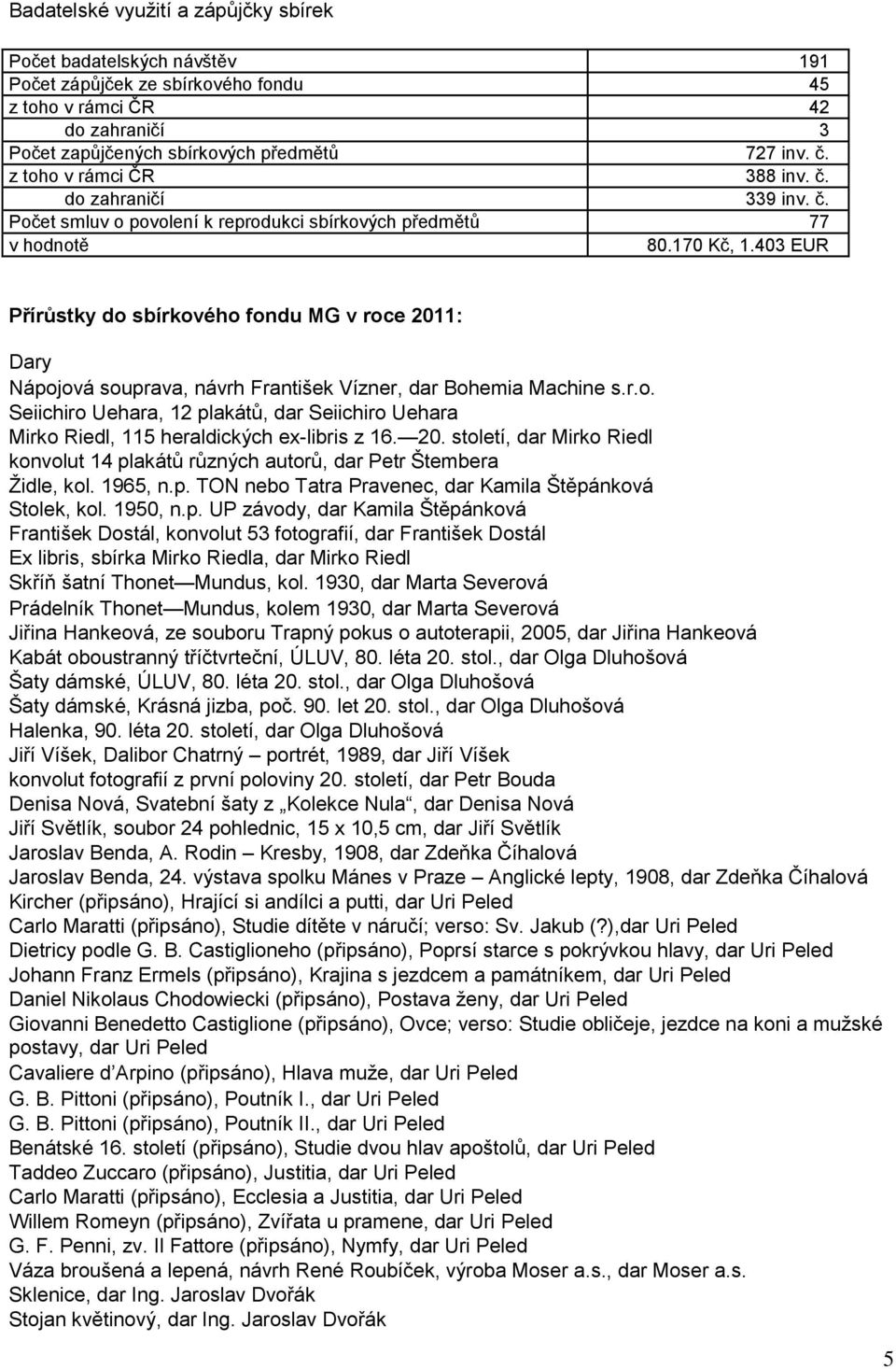 403 EUR Přírůstky do sbírkového fondu MG v roce 2011: Dary Nápojová souprava, návrh František Vízner, dar Bohemia Machine s.r.o. Seiichiro Uehara, 12 plakátů, dar Seiichiro Uehara Mirko Riedl, 115 heraldických ex-libris z 16.