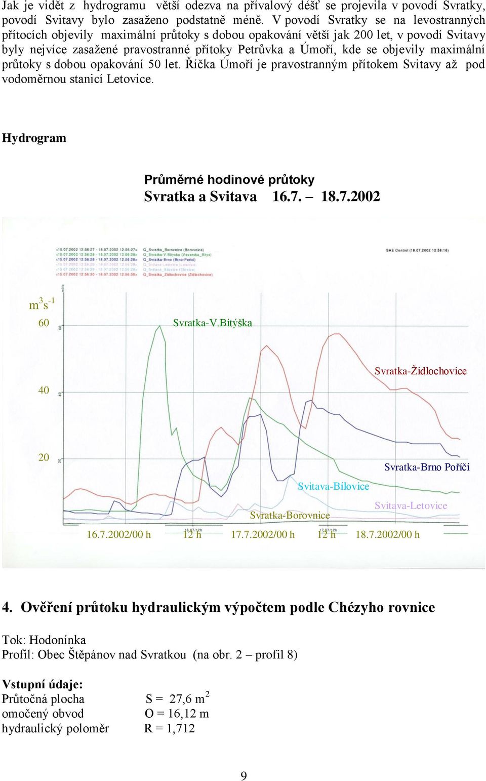 objevily maximální průtoky s dobou opakování 50 let. Říčka Úmoří je pravostranným přítokem Svitavy až pod vodoměrnou stanicí Letovice. Hydrogram Průměrné hodinové průtoky Svratka a Svitava 16.7.