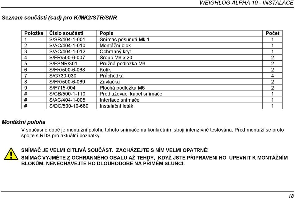 snímače 1 # S/AC/404-1-005 Interface snímače 1 # S/DC/500-10-689 Instalační leták 1 Montážní poloha V současné době je montážní poloha tohoto snímače na konkrétním stroji intenzívně testována.