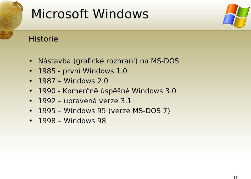 0 1987 Windows 2.0 1990 - Komerčně úspěšné Windows 3.