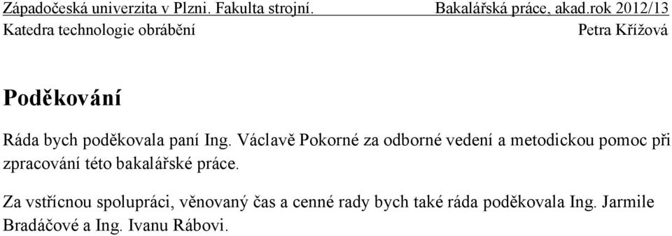 Václavě Pokorné za odborné vedení a metodickou pomoc při zpracování této