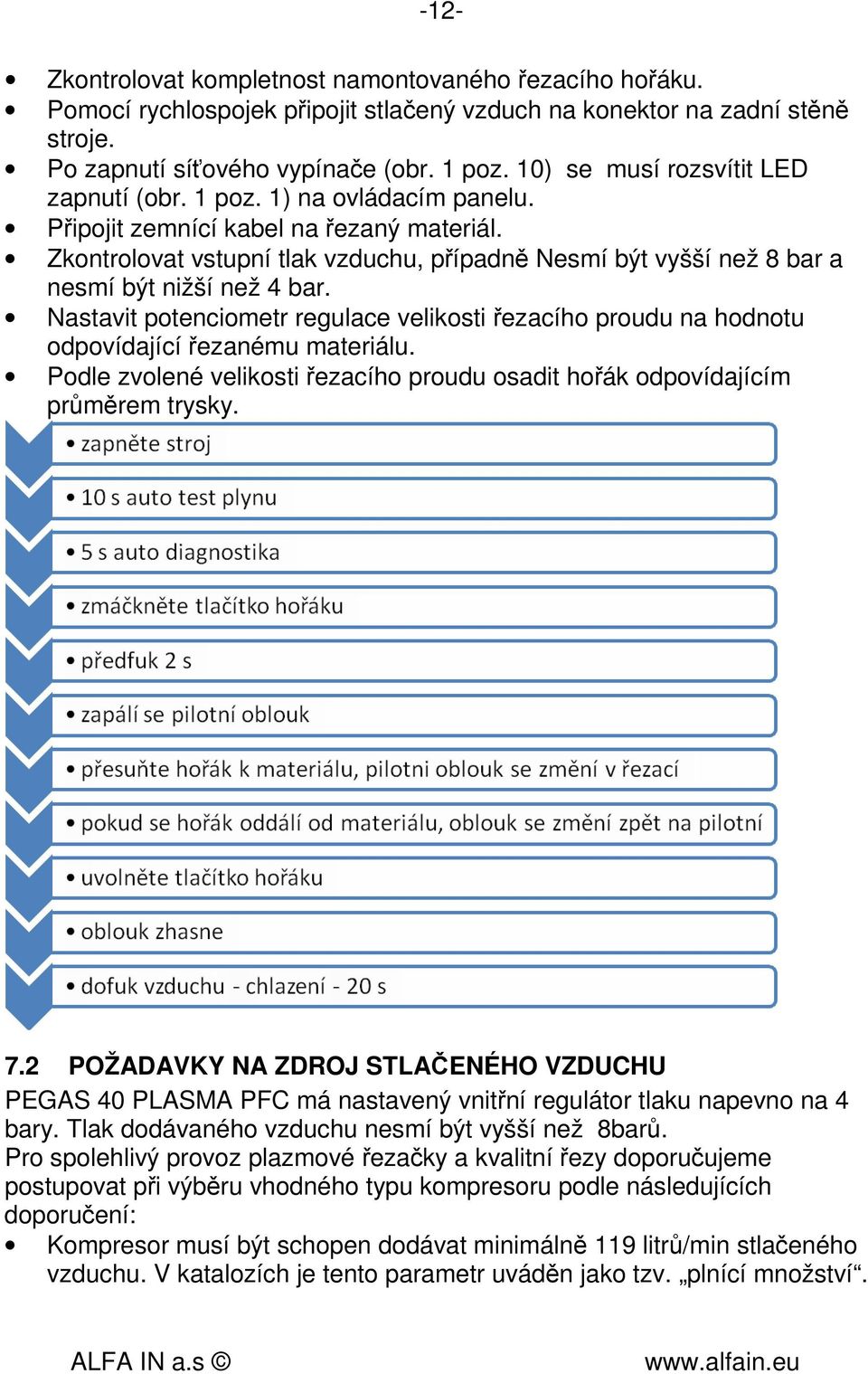 Zkontrolovat vstupní tlak vzduchu, případně Nesmí být vyšší než 8 bar a nesmí být nižší než 4 bar. Nastavit potenciometr regulace velikosti řezacího proudu na hodnotu odpovídající řezanému materiálu.