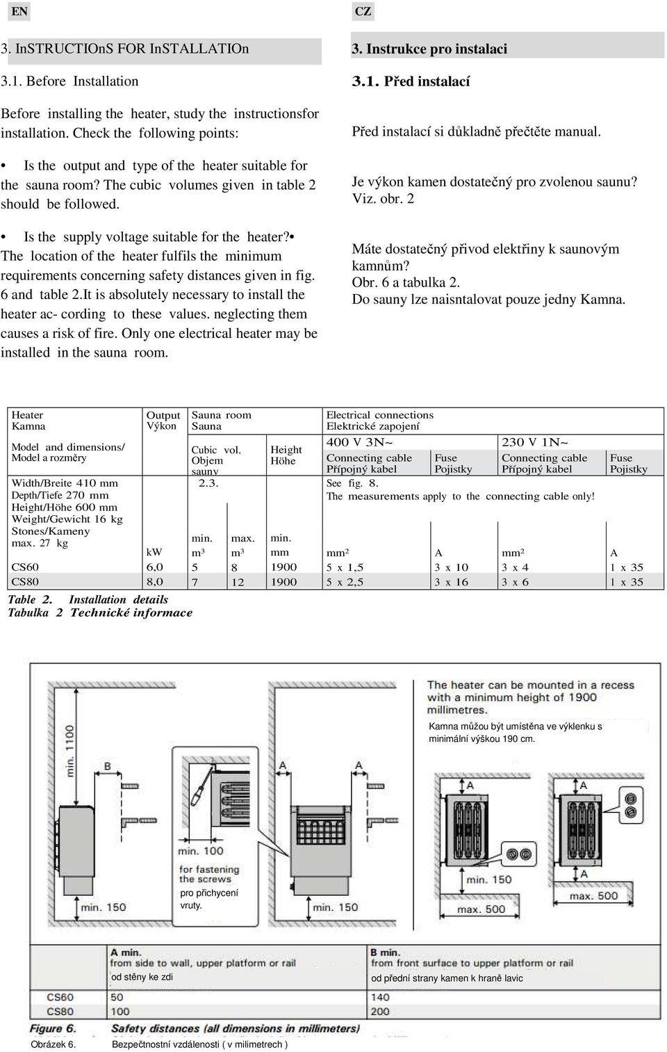 The location of the heater fulfils the minimum requirements concerning safety distances given in fig. 6 and table 2.It is absolutely necessary to install the heater ac- cording to these values.