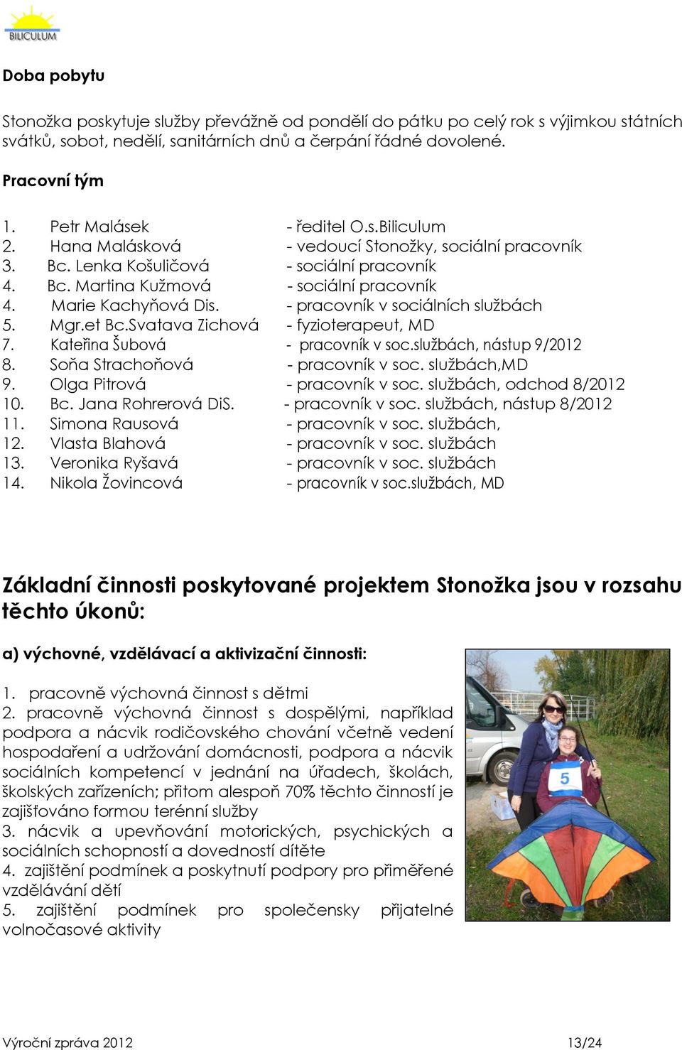Marie Kachyňová Dis. - pracovník v sociálních sluţbách 5. Mgr.et Bc.Svatava Zichová - fyzioterapeut, MD 7. Kateřina Šubová - pracovník v soc.sluţbách, nástup 9/2012 8.