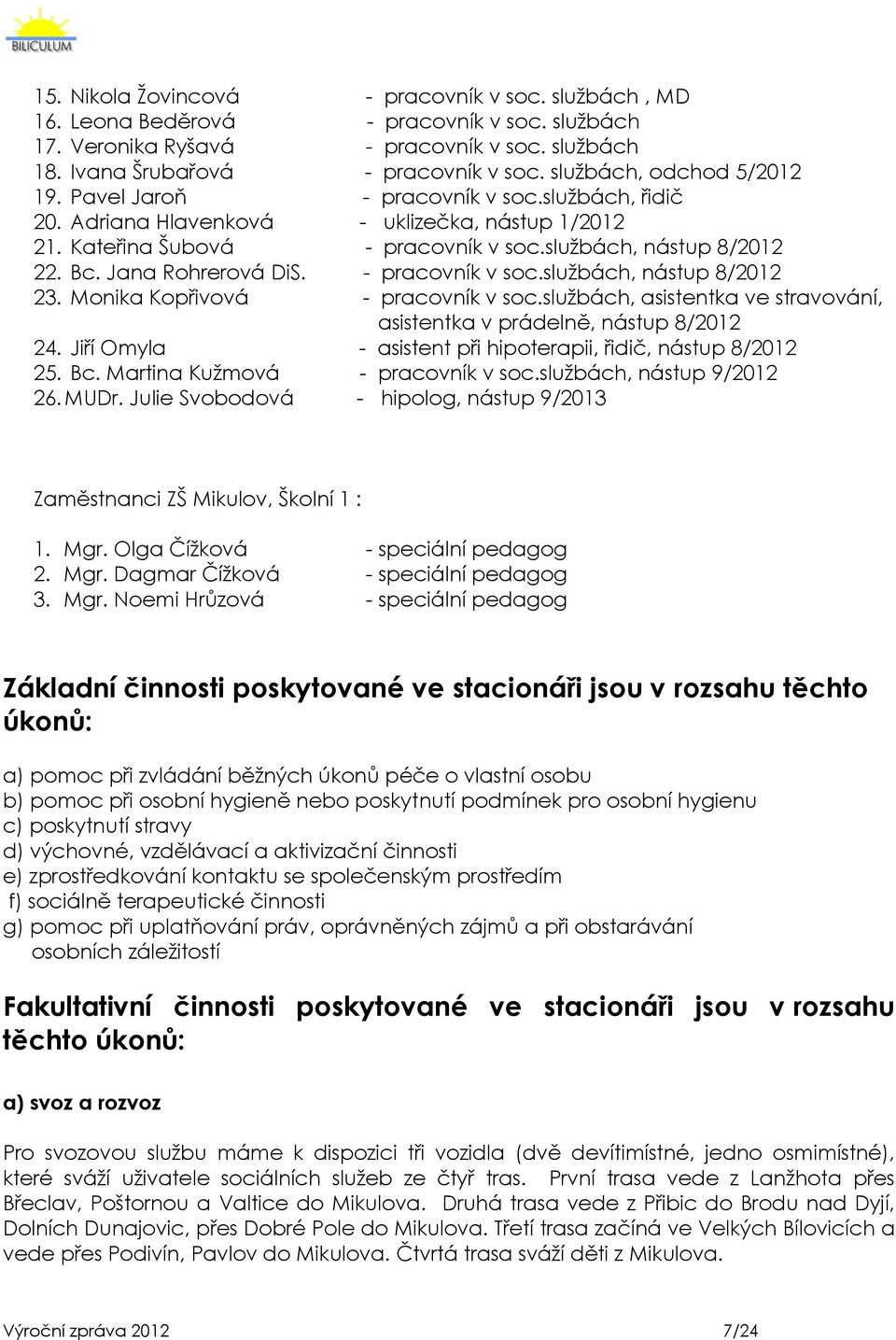 Jana Rohrerová DiS. - pracovník v soc.sluţbách, nástup 8/2012 23. Monika Kopřivová - pracovník v soc.sluţbách, asistentka ve stravování, asistentka v prádelně, nástup 8/2012 24.