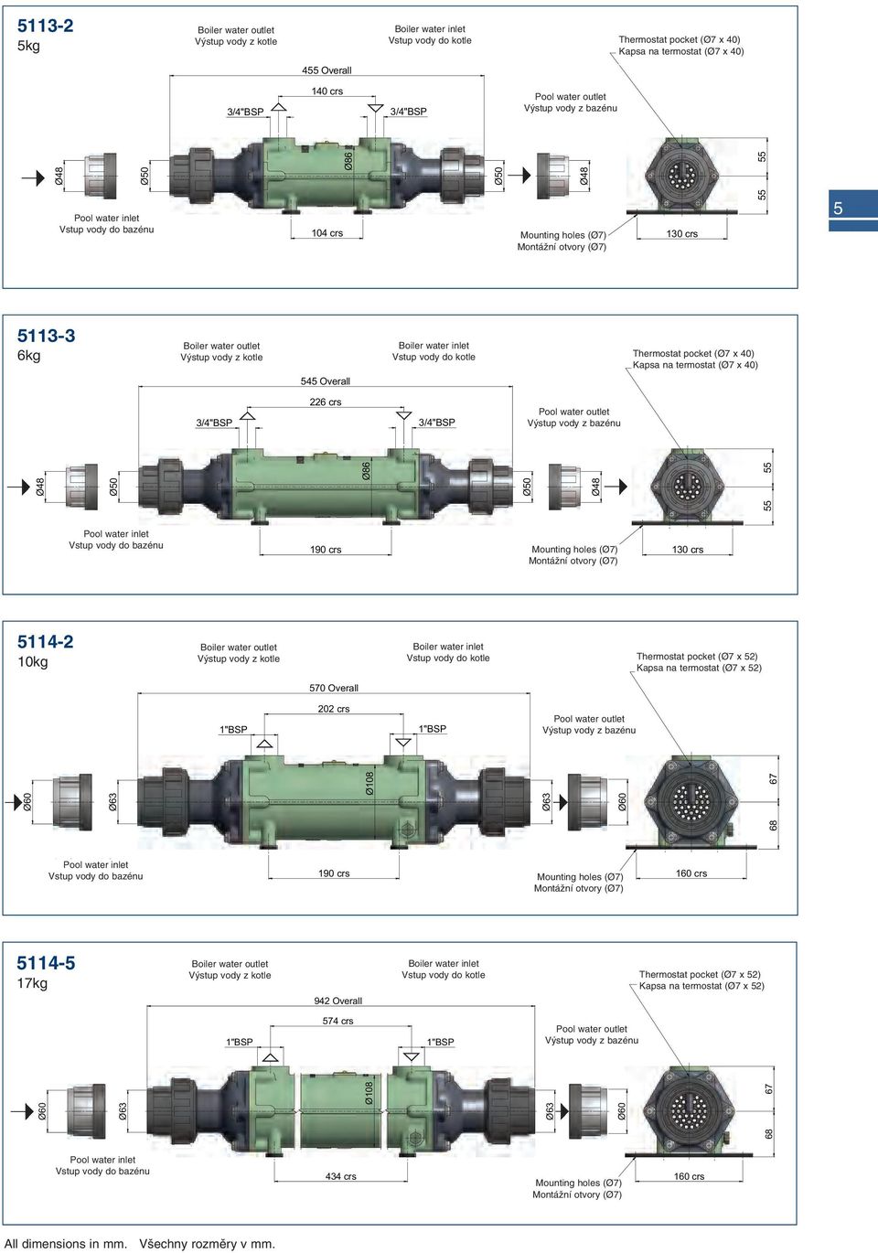 Pool water inlet Vstup vody do bazénu 104 crs holes (Ø7) Holes (Ø7) Montáãní otvory (Ø7) Befestigungslöcher (Ø7) 130 crs 5 5113-3 6kg Boiler water Boiler outlet water outlet Kesselwasserauslass V