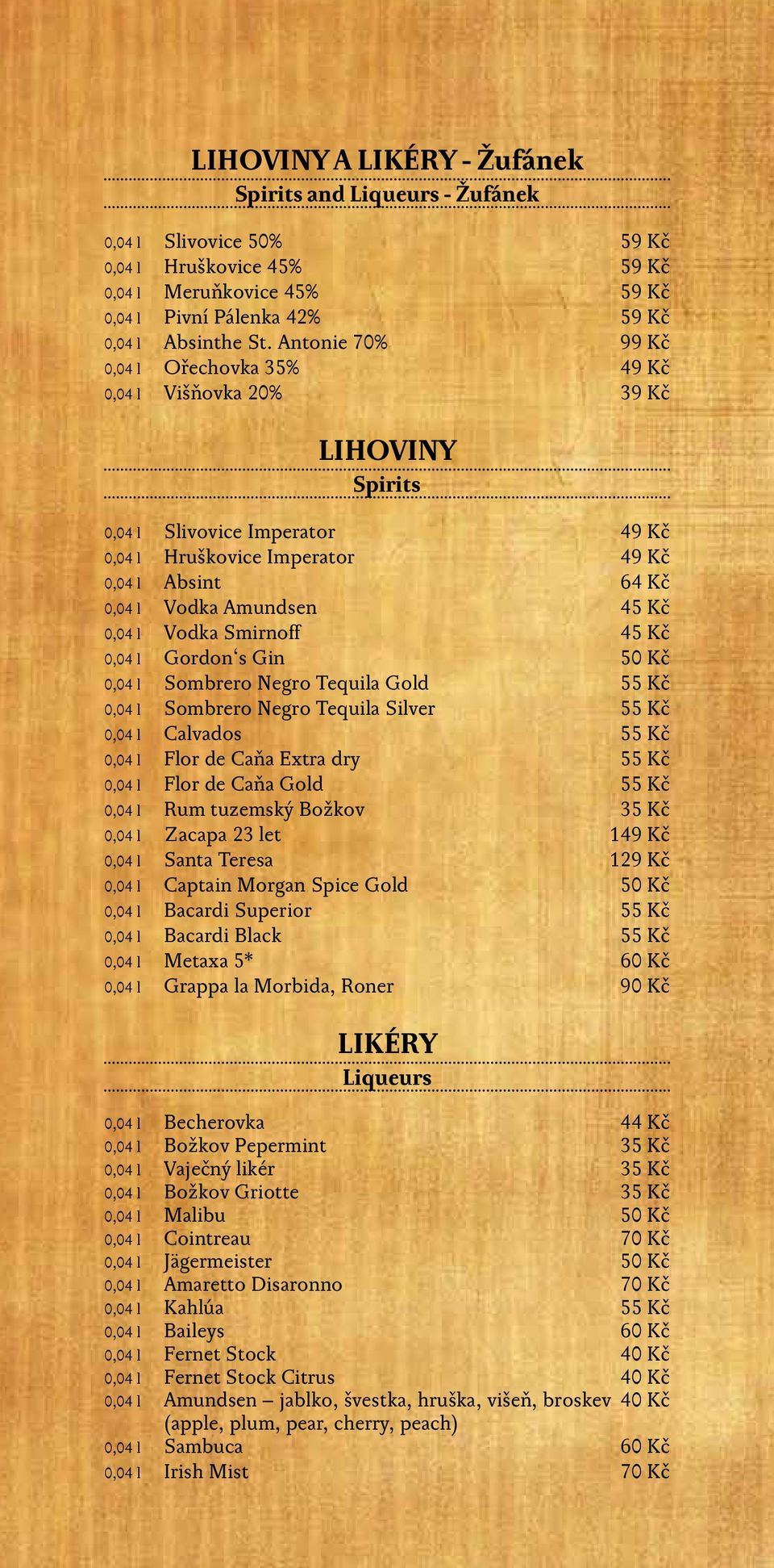 Kč 0,04 l Vodka Smirnoff 45 Kč 0,04 l Gordon s Gin 50 Kč 0,04 l Sombrero Negro Tequila Gold 55 Kč 0,04 l Sombrero Negro Tequila Silver 55 Kč 0,04 l Calvados 55 Kč 0,04 l Flor de Caňa Extra dry 55 Kč