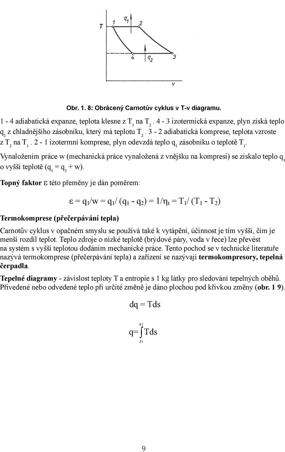 2 1 1 1 Vynaložením práce w (mechanická práce vynaložená z vnějšku na kompresi) se získalo teplo q 1 o vyšší teplotě (q 1 = q 2 + w).