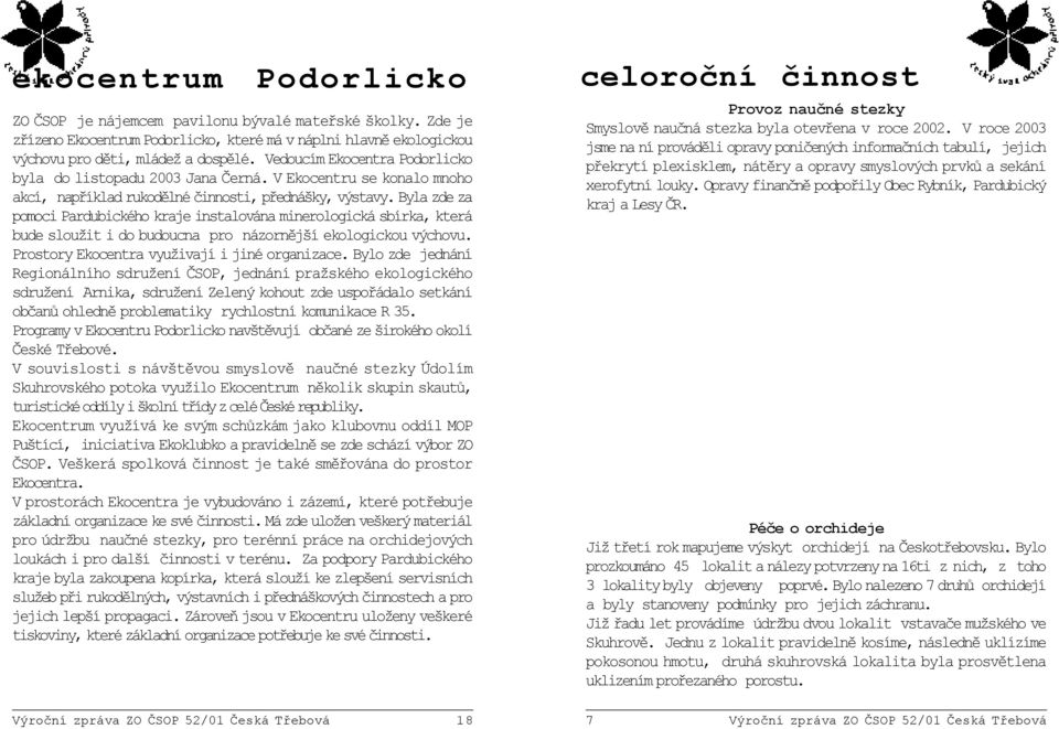 Byla zde za pomoci Pardubického kraje instalována minerologická sbírka, která bude sloužit i do budoucna pro názornìjší ekologickou výchovu. Prostory Ekocentra využivají i jiné organizace.