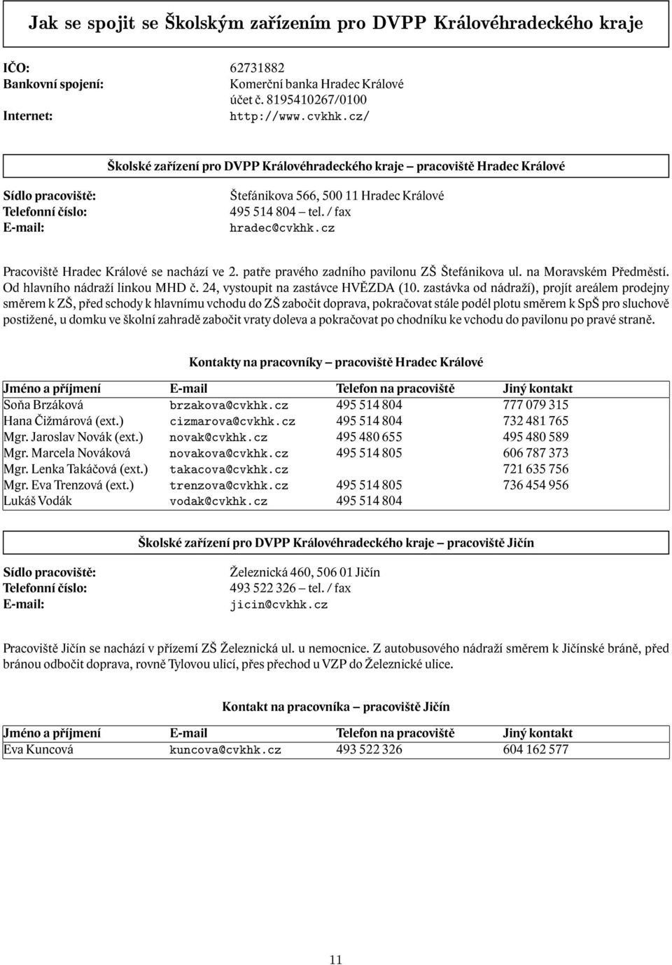 cz Pracoviště Hradec Králové se nachází ve 2. patře pravého zadního pavilonu ZŠ Štefánikova ul. na Moravském Předměstí. Od hlavního nádraží linkou MHD č. 24, vystoupit na zastávce HVĚZDA (10.