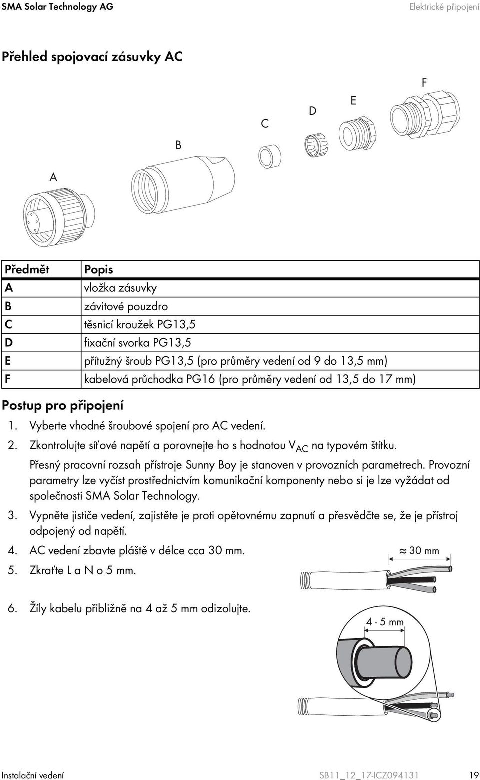 Zkontrolujte síťové napětí a porovnejte ho s hodnotou V AC na typovém štítku. Přesný pracovní rozsah přístroje Sunny Boy je stanoven v provozních parametrech.