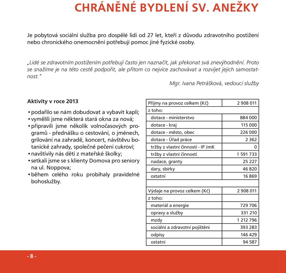 Mgr. Ivana Petrášková, vedoucí služby Aktivity v roce 2013 Příjmy na provoz celkem (Kč) 2 908 011 podařilo se nám dobudovat a vybavit kapli; vymělili jsme některá stará okna za nová; připravili jsme