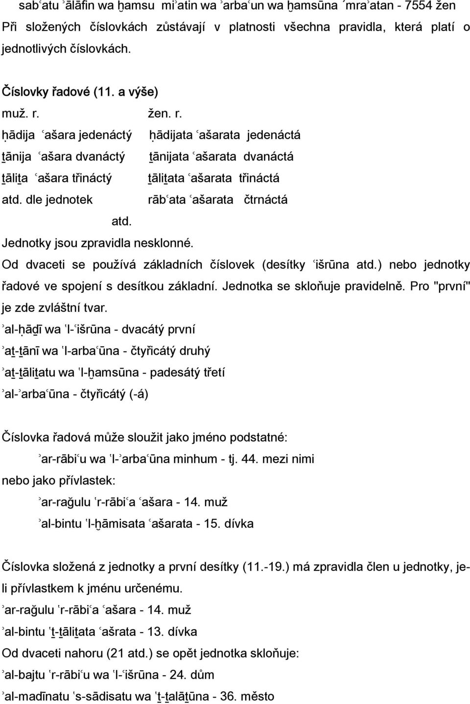 dle jednotek rābʿata ʿašarata čtrnáctá atd. Jednotky jsou zpravidla nesklonné. Od dvaceti se používá základních číslovek (desítky ʿišrūna atd.) nebo jednotky řadové ve spojení s desítkou základní.