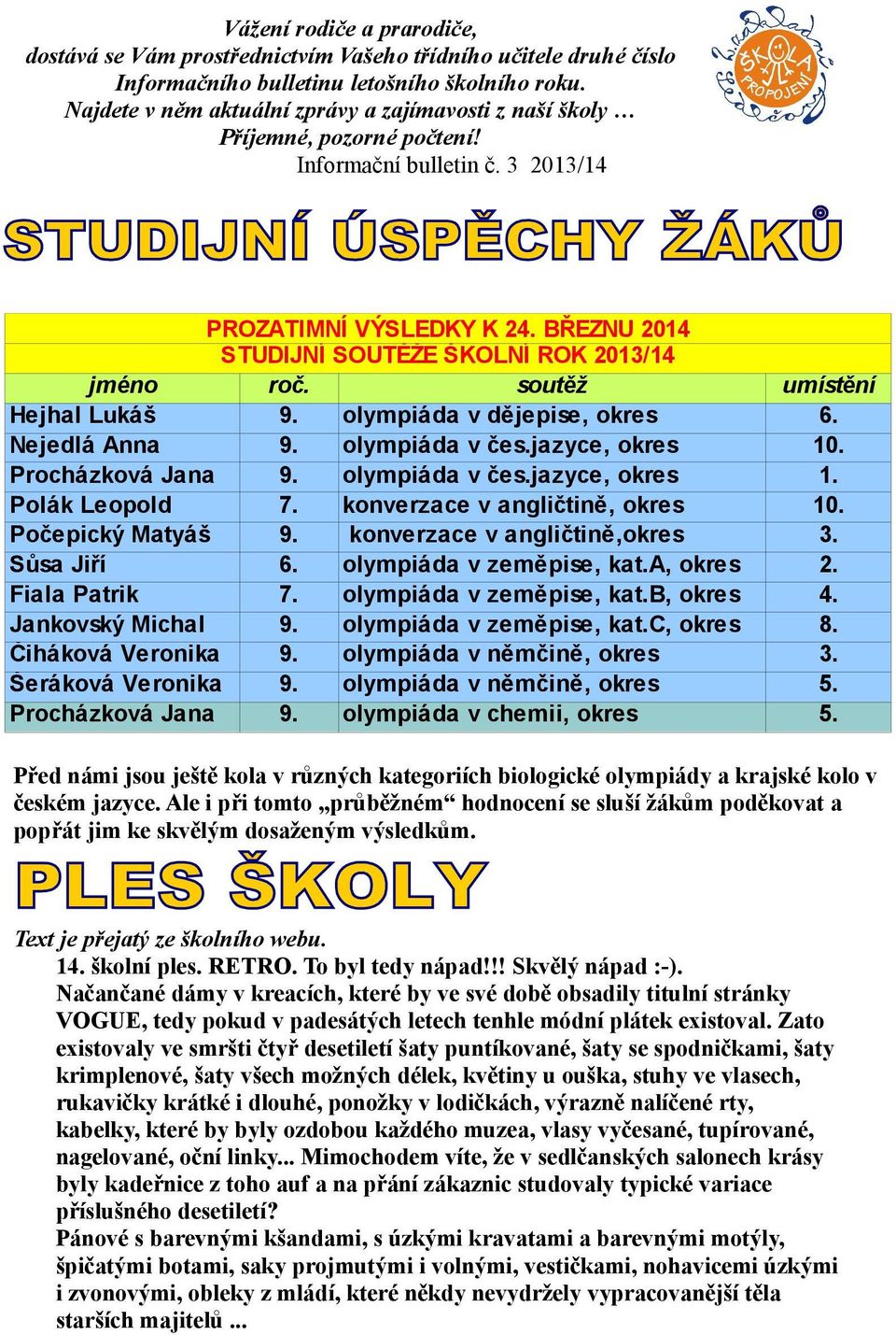 BŘEZNU 2014 STUDIJNÍ SOUTĚŽE ŠKOLNÍ ROK 2013/14 jméno roč. soutěž Hejhal Lukáš olympiáda v dějepise, okres Nejedlá Anna olympiáda v čes.jazyce, okres Procházková Jana olympiáda v čes.