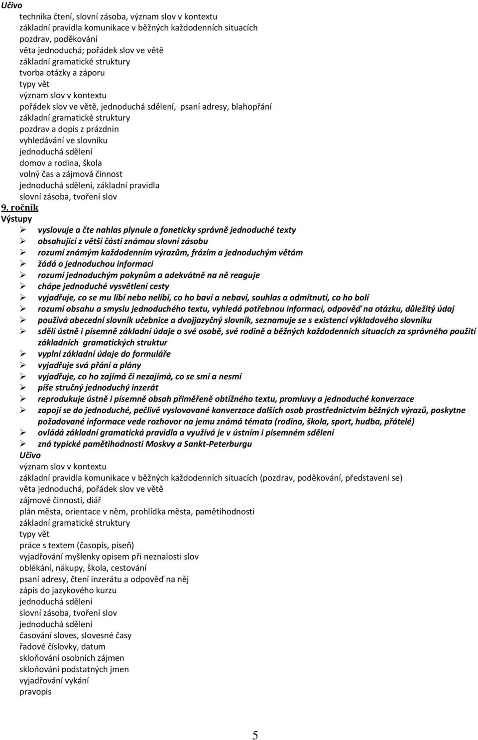 vyhledávání ve slovníku jednoduchá sdělení domov a rodina, škola volný čas a zájmová činnost jednoduchá sdělení, základní pravidla slovní zásoba, tvoření slov 9.